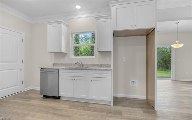 kitchen featuring dishwasher, a sink, light wood-type flooring, white cabinets, and ornamental molding