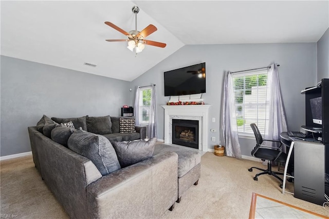 6701 Burbage Landing Cir, Suffolk, VA 23435 - carpeted living room featuring vaulted ceiling, a ceiling fan, plenty of natural light, baseboards, and a fireplace