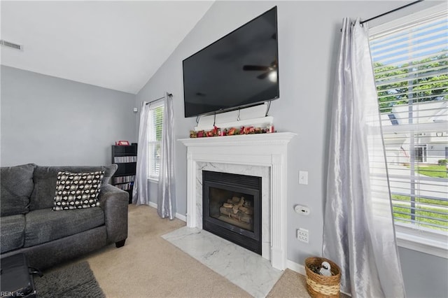 6701 Burbage Landing Cir, Suffolk, VA 23435 - carpeted living area with a high end fireplace and vaulted ceiling