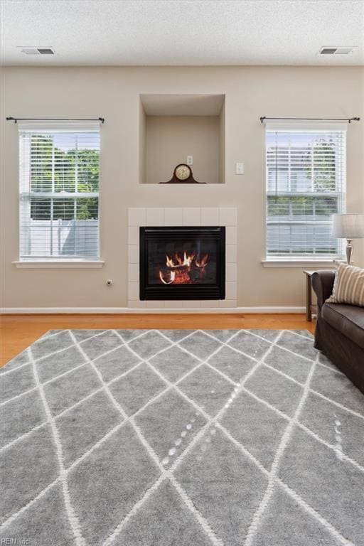 218 Woodburne Ln, Newport News, VA 23602 - living room featuring a fireplace, wood finished floors, plenty of natural light, baseboards, and a textured ceiling