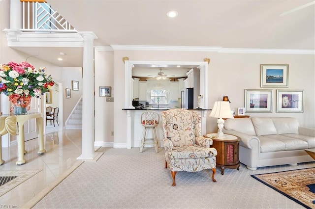 433 Croatan Rd, Virginia Beach, VA 23451 - living room featuring ornate columns, crown molding, a ceiling fan, recessed lighting, and stairs
