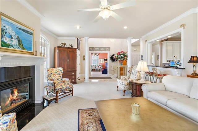 433 Croatan Rd, Virginia Beach, VA 23451 - living area with decorative columns, baseboards, ceiling fan, crown molding, and recessed lighting