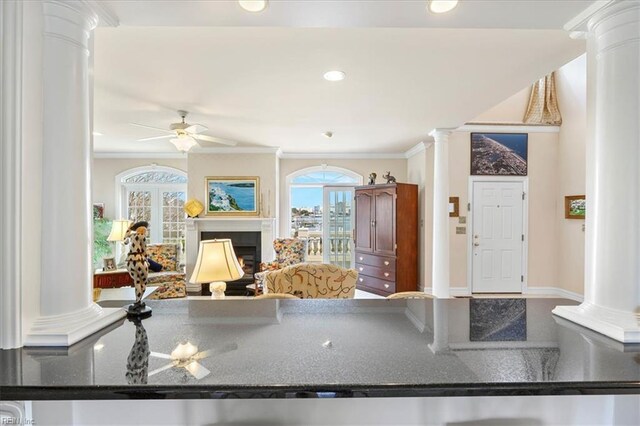 433 Croatan Rd, Virginia Beach, VA 23451 - kitchen featuring ornate columns, ornamental molding, a ceiling fan, a lit fireplace, and recessed lighting