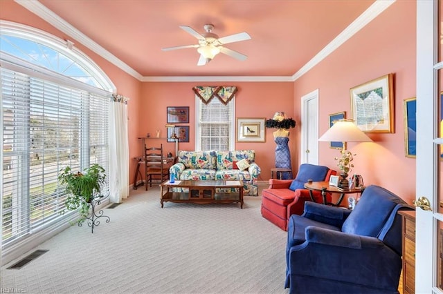 433 Croatan Rd, Virginia Beach, VA 23451 - carpeted living room featuring ceiling fan and crown molding