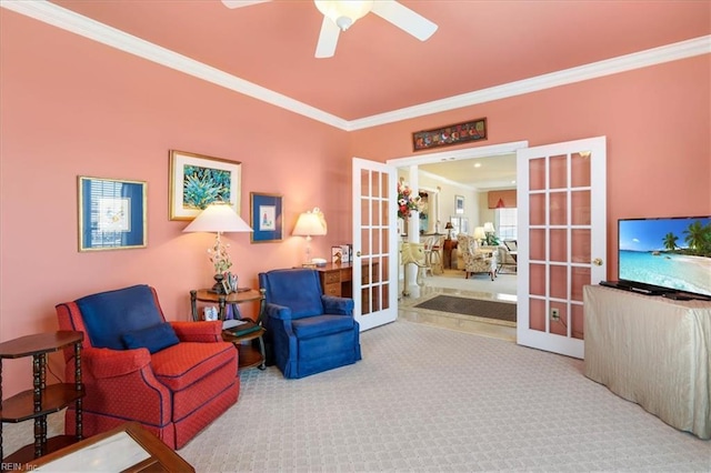 433 Croatan Rd, Virginia Beach, VA 23451 - sitting room with french doors, crown molding, carpet, and ceiling fan