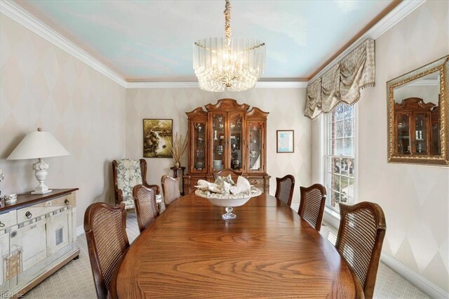 433 Croatan Rd, Virginia Beach, VA 23451 - carpeted dining area featuring a chandelier, baseboards, ornamental molding, and wallpapered walls