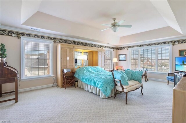 433 Croatan Rd, Virginia Beach, VA 23451 - bedroom featuring a tray ceiling, light colored carpet, multiple windows, baseboards, and crown molding