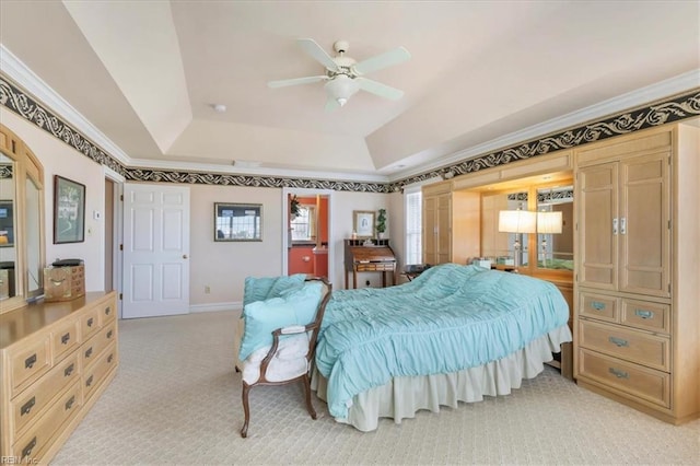 433 Croatan Rd, Virginia Beach, VA 23451 - bedroom with light carpet, crown molding, a tray ceiling, baseboards, and ceiling fan