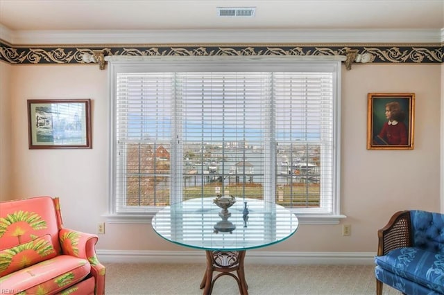 433 Croatan Rd, Virginia Beach, VA 23451 - living area featuring carpet floors, baseboards, ornamental molding, and healthy amount of natural light