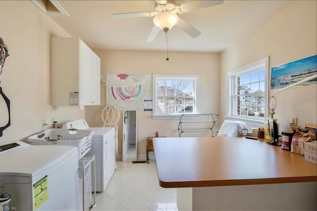 433 Croatan Rd, Virginia Beach, VA 23451 - laundry area featuring cabinet space, washing machine and clothes dryer, ceiling fan, and light tile patterned floors