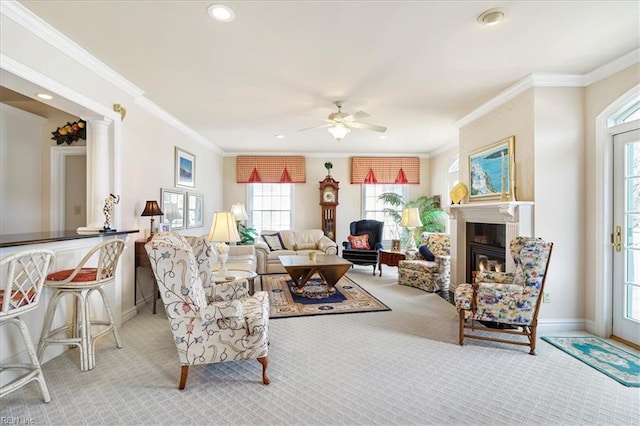 433 Croatan Rd, Virginia Beach, VA 23451 - carpeted living room with plenty of natural light, ornamental molding, a ceiling fan, recessed lighting, and a glass covered fireplace
