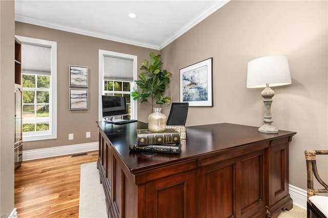 1704 Lower Church Ct, Virginia Beach, VA 23455 - office with light wood-style flooring, baseboards, ornamental molding, and recessed lighting