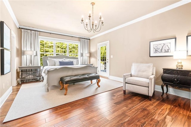 1704 Lower Church Ct, Virginia Beach, VA 23455 - bedroom with crown molding, a chandelier, access to outside, baseboards, and wood finished floors