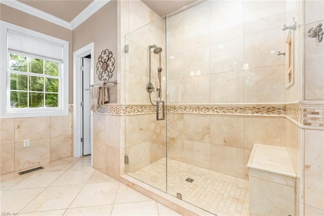 1704 Lower Church Ct, Virginia Beach, VA 23455 - full bath with tile walls, a shower stall, ornamental molding, and tile patterned floors