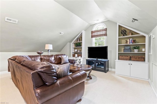 1704 Lower Church Ct, Virginia Beach, VA 23455 - living area featuring light colored carpet, vaulted ceiling, built in shelves, and baseboards