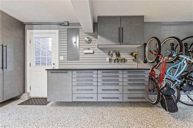 1704 Lower Church Ct, Virginia Beach, VA 23455 - kitchen featuring electric panel, gray cabinets, and speckle patterned floor