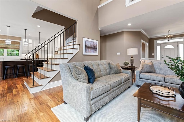 1704 Lower Church Ct, Virginia Beach, VA 23455 - living room with wood finished floors, stairway, recessed lighting, baseboards, and ornamental molding