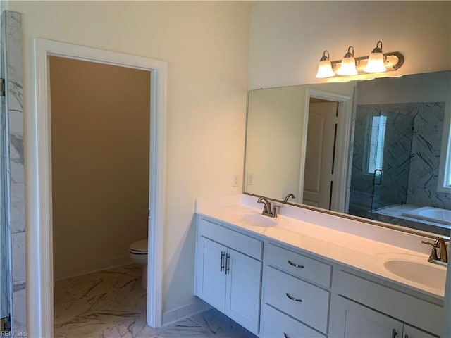 100 Corcoran Ln, Suffolk, VA 23434 - full bathroom with marble finish flooring, double vanity, a bath, a marble finish shower, and toilet