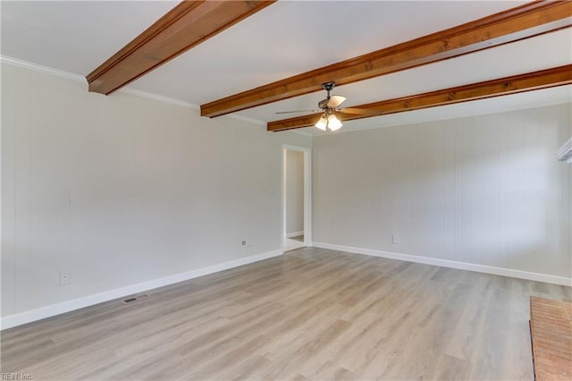 2509 Quail Ridge Ct, Chesapeake, VA 23321 - empty room with a ceiling fan, light wood-style floors, beam ceiling, baseboards, and wooden walls