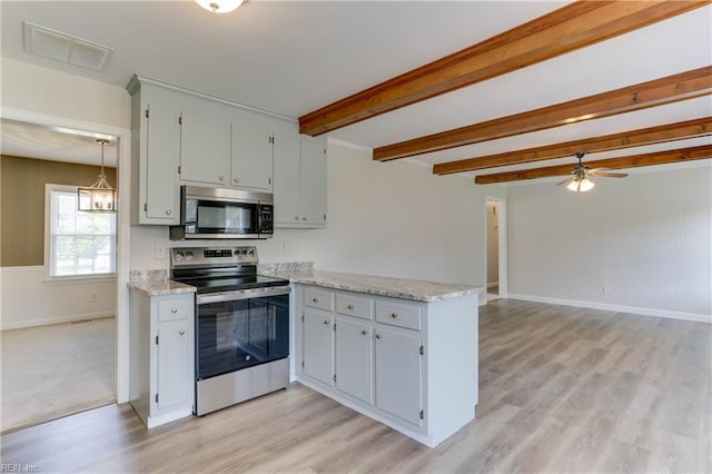 2509 Quail Ridge Ct, Chesapeake, VA 23321 - kitchen featuring stainless steel appliances, a peninsula, light wood-style flooring, baseboards, and beamed ceiling