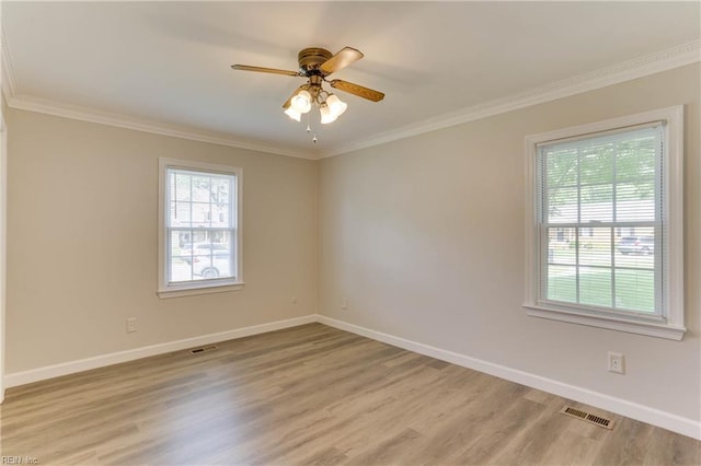 2509 Quail Ridge Ct, Chesapeake, VA 23321 - spare room featuring light wood-style floors, baseboards, crown molding, and a ceiling fan