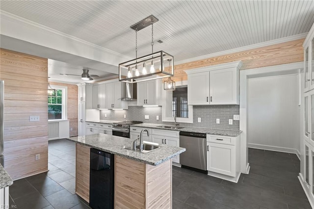 8575 Chesapeake Blvd, Norfolk, VA 23503 - kitchen featuring appliances with stainless steel finishes, a sink, wall chimney exhaust hood, wine cooler, and crown molding