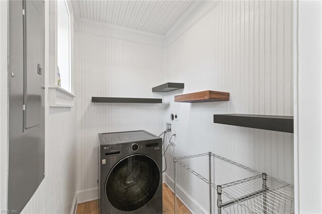 8575 Chesapeake Blvd, Norfolk, VA 23503 - washroom featuring washer / clothes dryer, ornamental molding, wood finished floors, and baseboards