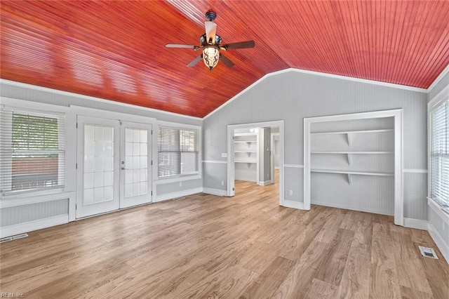 8575 Chesapeake Blvd, Norfolk, VA 23503 - unfurnished living room featuring french doors, wooden ceiling, lofted ceiling, a ceiling fan, and wood finished floors