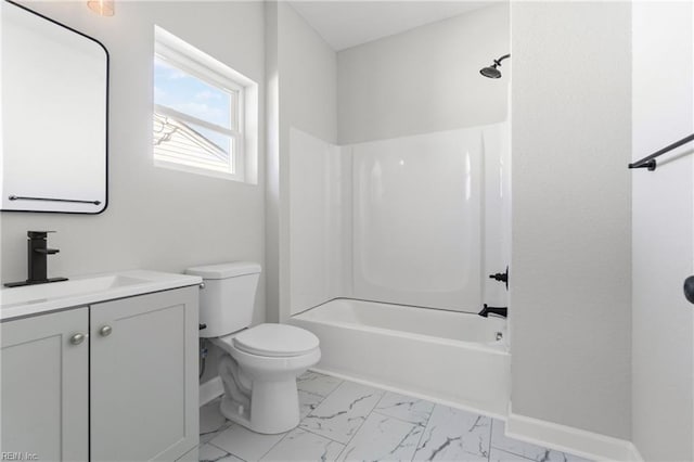 736 A Ave, Norfolk, VA 23504 - bathroom featuring toilet, vanity, baseboards, marble look tile flooring, and  shower combination