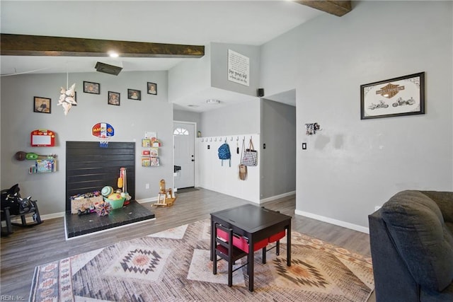 3424 Daisy Cres, Virginia Beach, VA 23453 - living area featuring wood finished floors, beam ceiling, baseboards, and high vaulted ceiling