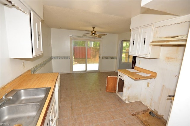 kitchen featuring a sink, a ceiling fan, and white cabinetry
