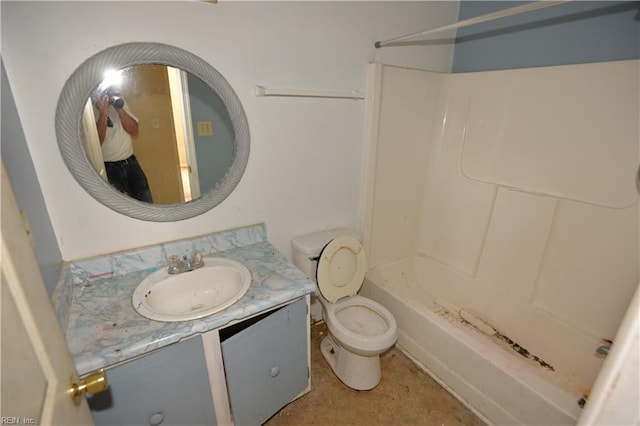 full bath featuring vanity, toilet, bathing tub / shower combination, and concrete flooring