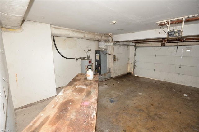 garage with electric water heater, a garage door opener, and heating unit