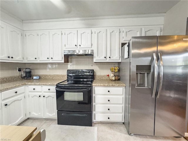 103 Lake St, Chesapeake, VA 23323 - kitchen with stainless steel refrigerator with ice dispenser, electric range, under cabinet range hood, white cabinetry, and ornamental molding