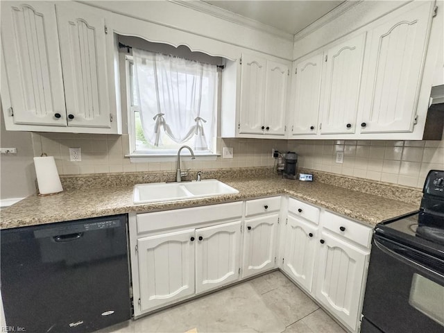 103 Lake St, Chesapeake, VA 23323 - kitchen with black appliances, a sink, ornamental molding, white cabinets, and tasteful backsplash
