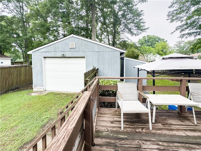103 Lake St, Chesapeake, VA 23323 - wooden terrace featuring fence, a detached garage, an outbuilding, and a gazebo