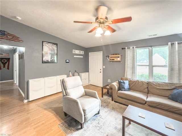 103 Lake St, Chesapeake, VA 23323 - living room with lofted ceiling, a ceiling fan, light wood-style floors, and baseboards