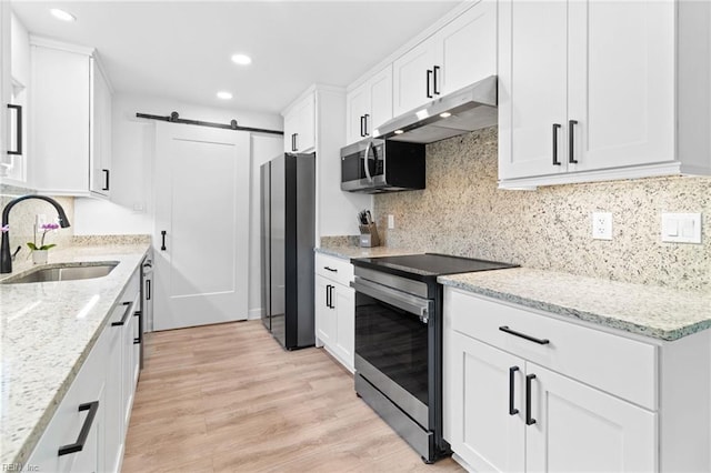 kitchen with appliances with stainless steel finishes, a sink, under cabinet range hood, a barn door, and light wood-type flooring