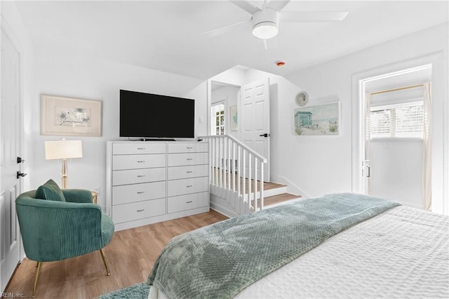 bedroom featuring wood finished floors and a ceiling fan