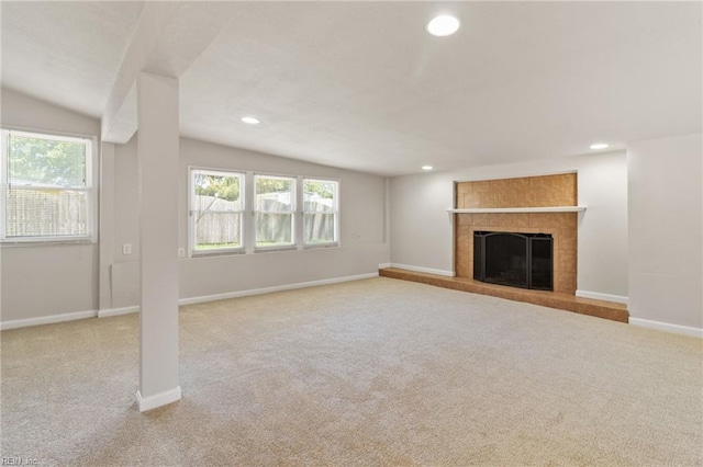 7716 Newport Ave, Norfolk, VA 23505 - unfurnished living room featuring carpet floors, recessed lighting, a fireplace, baseboards, and vaulted ceiling
