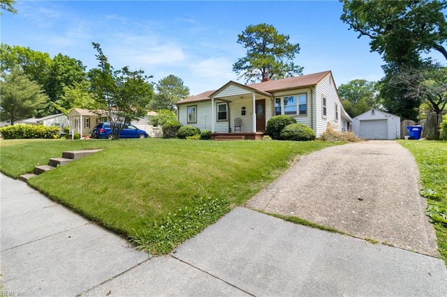 7716 Newport Ave, Norfolk, VA 23505 - bungalow with an outdoor structure, covered porch, a detached garage, a front yard, and driveway