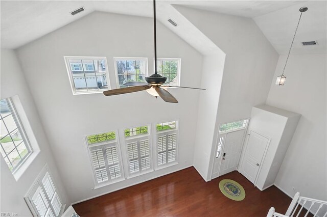 2043 Queens Point Dr, Suffolk, VA 23434 - foyer entrance featuring high vaulted ceiling, a ceiling fan, plenty of natural light, and wood finished floors