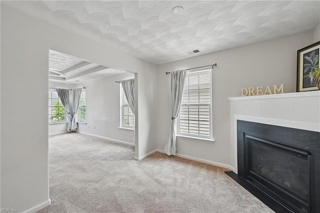 2043 Queens Point Dr, Suffolk, VA 23434 - unfurnished living room featuring a fireplace with flush hearth, baseboards, and carpet floors