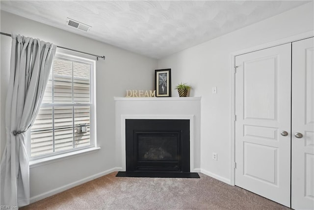 2043 Queens Point Dr, Suffolk, VA 23434 - detailed view of carpet floors, baseboards, a fireplace with flush hearth, and a textured ceiling