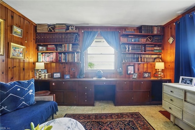 office with built in study area and wooden walls