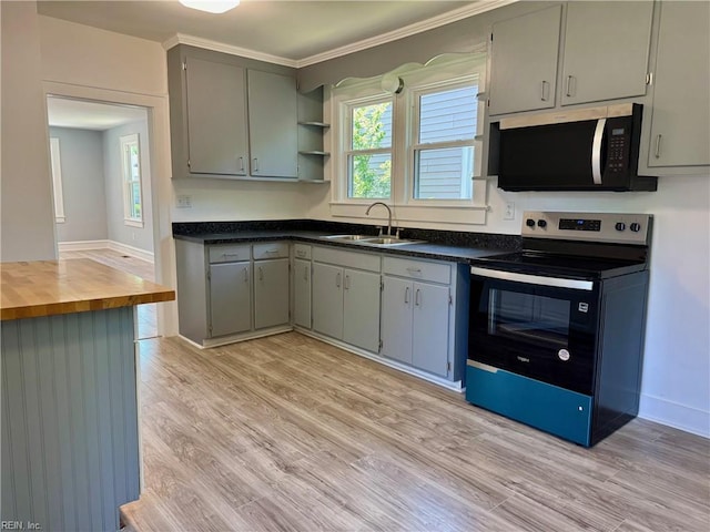 111 E Cummings Ave, Hampton, VA 23663 - kitchen with electric stove, light wood-style flooring, gray cabinets, healthy amount of natural light, and ornamental molding