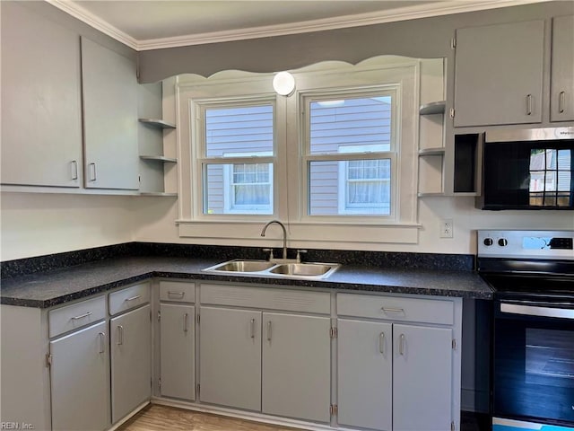 111 E Cummings Ave, Hampton, VA 23663 - kitchen with open shelves, stainless steel electric range oven, dark countertops, ornamental molding, and a sink