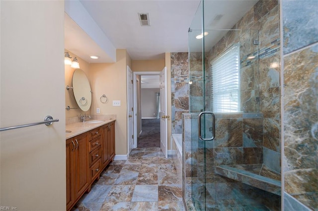 9574 14th Bay St, Norfolk, VA 23518 - full bathroom featuring a shower stall, double vanity, baseboards, recessed lighting, and marble finish floors