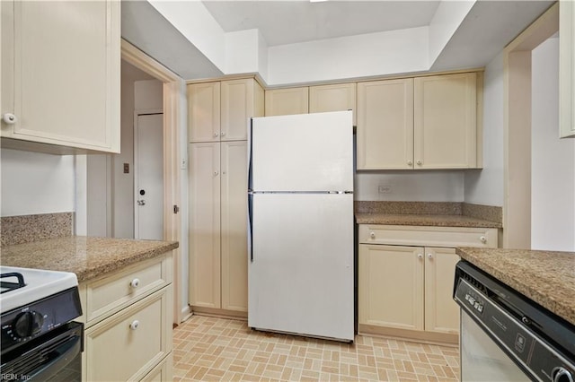 7320 Glenroie Ave Unit 8E, Norfolk, VA 23505 - kitchen with freestanding refrigerator, dishwasher, cream cabinetry, and light stone counters