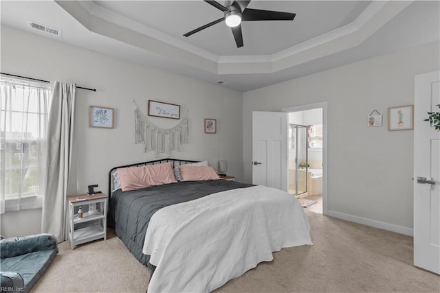 954 Olmstead St, Chesapeake, VA 23323 - bedroom featuring a tray ceiling, light carpet, crown molding, baseboards, and ensuite bath